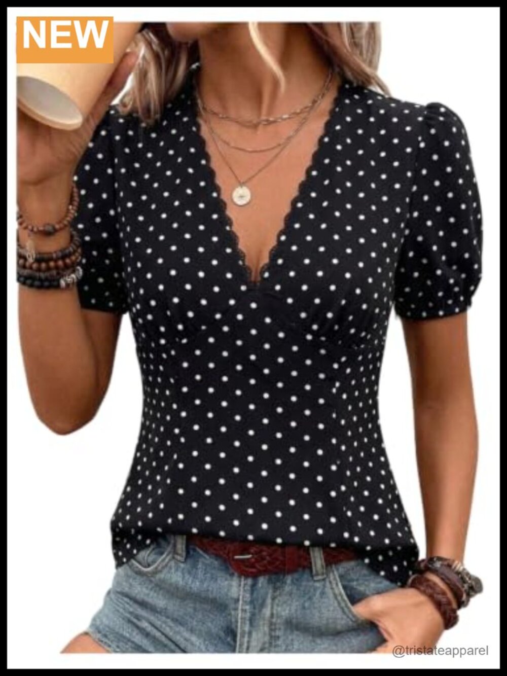 Vintage Y2K Polka Dot Blouse Puff Sleeve V Neck Lace Trim